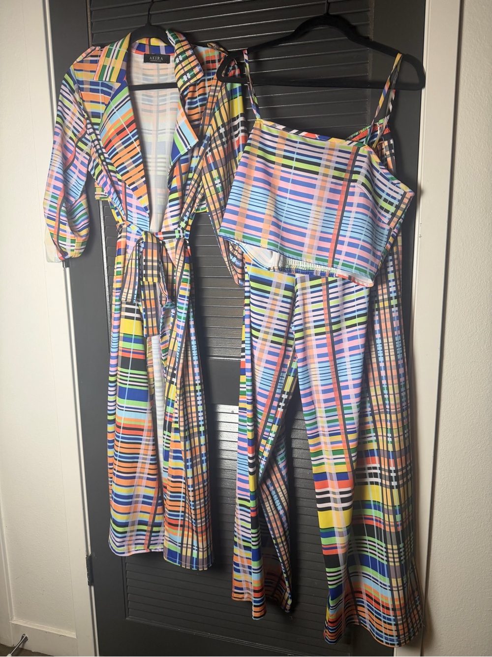 Silky Multi-Color 3 piece Plaid pant suit  Set with trench coat